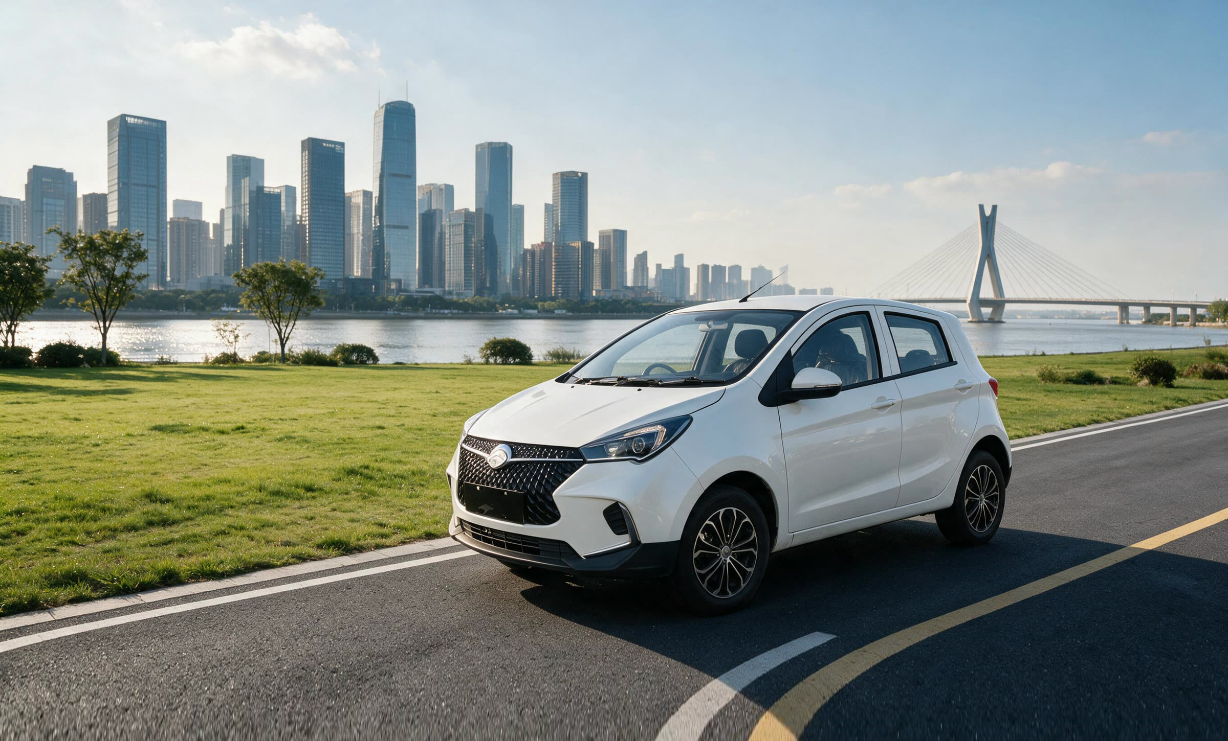 A white Kaifeng D01 on a riverside road, a city skyline behind it